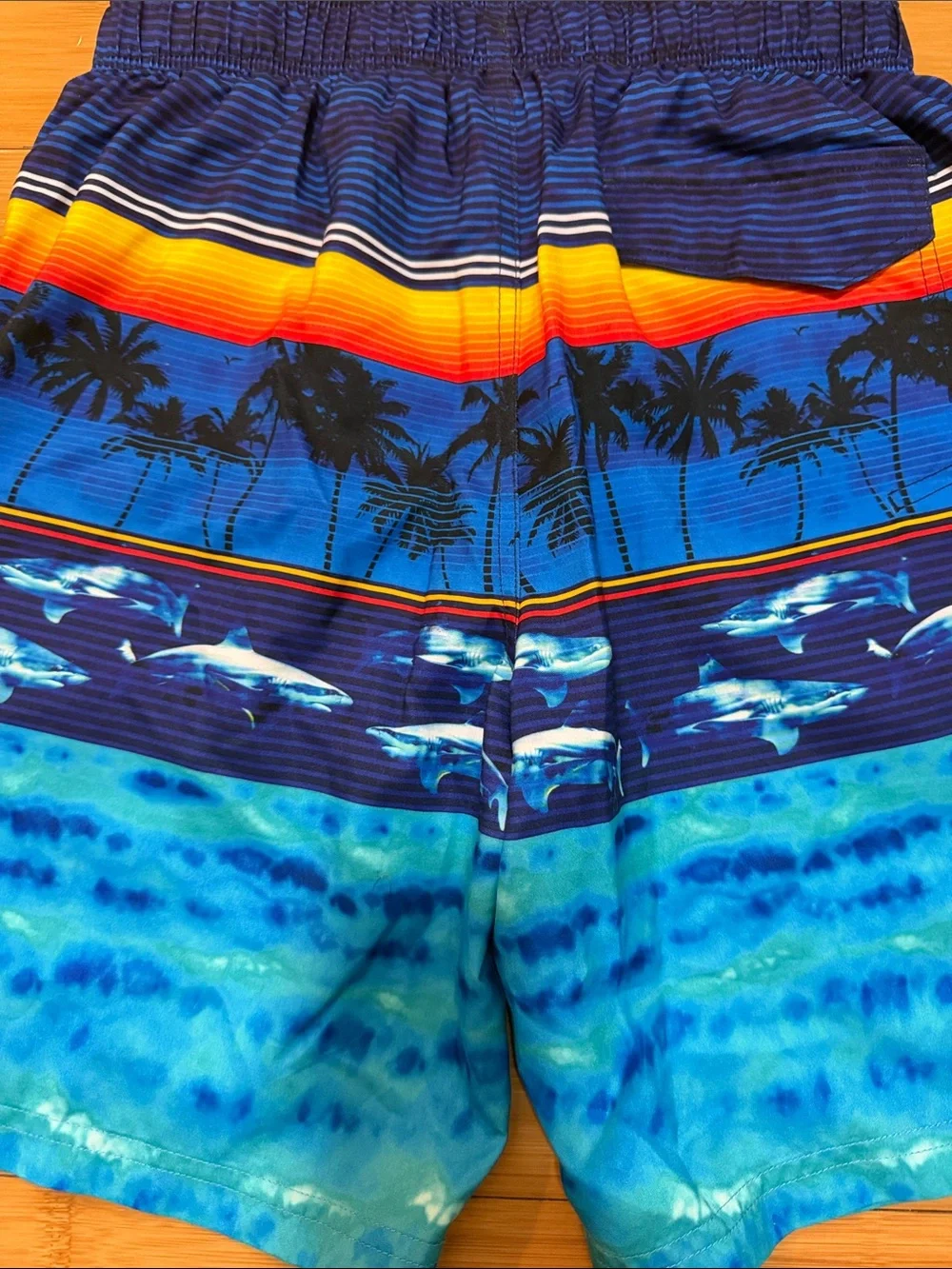 ZeroXposur Blue Tropical Shark Swim Trunks with Orange Drawstring 14/16